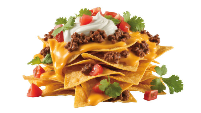 A stack of loaded nachos with cheese and meat tomatoes isolated on a transparent background