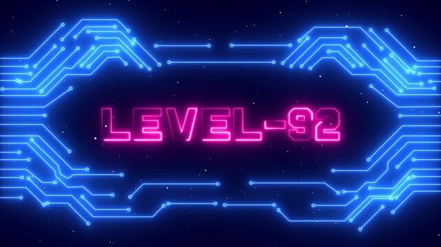 Level 92 Game Progress Interface with Glowing Neon Frame and Digital Achievement.
