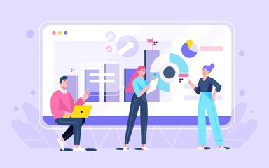 Professional Analysts Reviewing Interactive Data Dashboard with Purple Charts