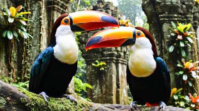 Two colorful toucans perched on a branch in lush jungle ruins
