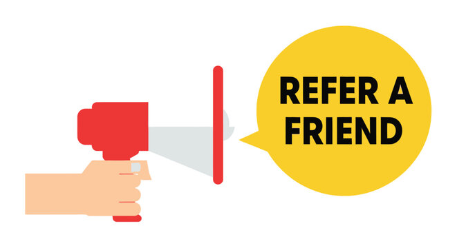 Illustration of a red megaphone with a hand and refer a friend text