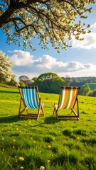 Two deck chairs on green grass under blooming tree