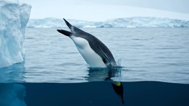 Penguin diving into icy Antarctic waters from a glacier edge, captured from a close-up underwater viewpoint