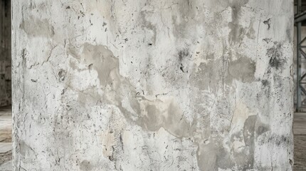Obraz premium Close-up of a weathered concrete wall with peeling paint and rust stains in an urban setting.