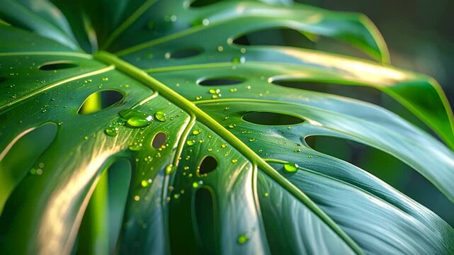 Lush green monstera leaf with water droplets, highlighting its texture