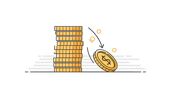 Financial loss and economic downturn illustration with stacked gold coins and one rolling away representing budget deficit or inflation.