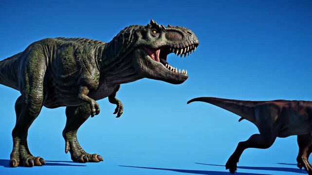 Tyrannosaurus Rex confronts three raptors on a bright blue background