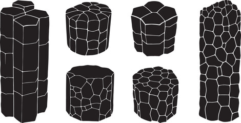 Black Solid Basalt Column Silhouettes Set of Six on White Background