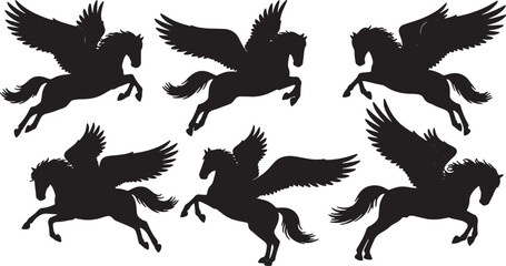 Black Solid Battle Dive Pegasus Silhouettes Set of Six on White Background © AADIL