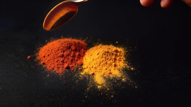 Colorful Indian Spices Pouring from Spoon Turmeric Chili Cumin