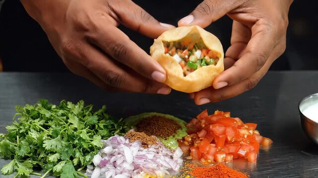 Preparing Dahi Puri Indian Street Food Chaat Ingredients Close Up