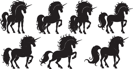 Black Solid Braided Unicorn Silhouettes Set of Six on White Background © AADIL