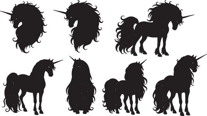 Black Solid Braided Unicorn Silhouettes Set of Six on White Background © AADIL