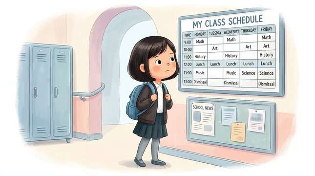 Young girl looking at class schedule in school hallway  