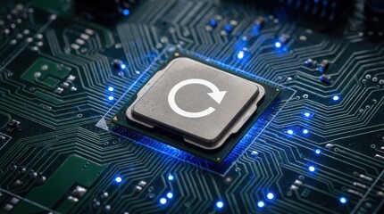 Fototapeta premium Central processing unit featuring a refresh symbol on a glowing circuit board representing system update.