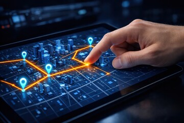 Navigating the Digital Realm: A hand interacts with a digital map on a tablet, pinpointing locations and highlighting a network of interconnected points.