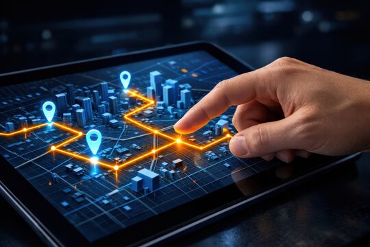 Digital Route Guidance: A hand interacts with a tablet, showcasing a digital route map overlaid on a futuristic cityscape, illustrating the dynamic guidance system.