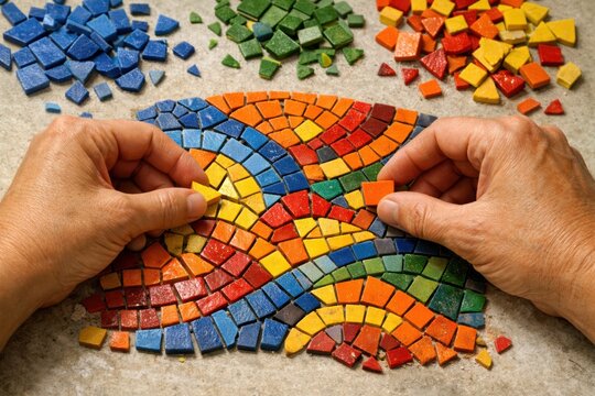 Crafting Colorful Mosaics: A pair of hands meticulously arranges vibrant mosaic tiles, bringing a colorful design to life, demonstrating the artistry of mosaic creation