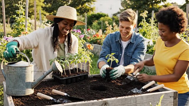 Diverse Friends Gardening Together, Community Vegetable Patch, Organic Farming