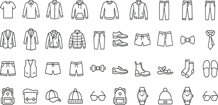 Vector set of men's clothing and accessories icons including shirts, pants, shoes, and bags