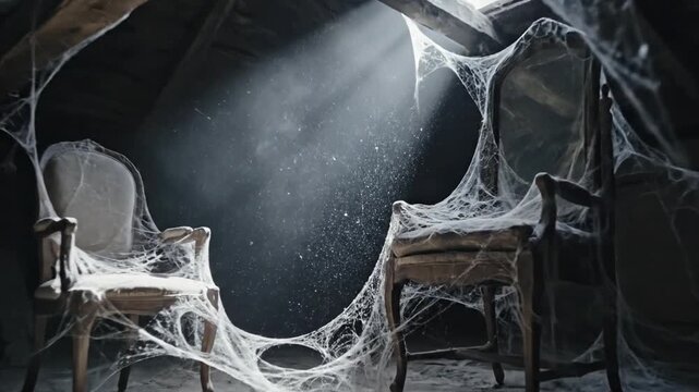 A lonely, cobweb-draped attic scene with abandoned chairs under cracked roof light