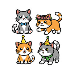 Fototapeta premium Four cartoon cats wearing party hats and accessories in a playful illustration