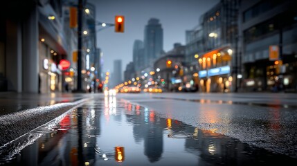 Rainwater collects on the street, mirroring city lights while cars pass by in an urban setting at dusk