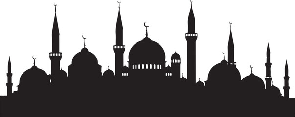 A black silhouette of a mosque with minarets and domes © Adiba