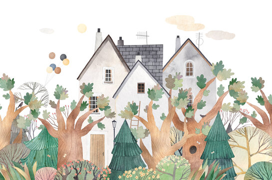Watercolor forest landscape. Watercolor illustration for a child's room. Cute watercolor house in nature. Wall art. Village in forest.