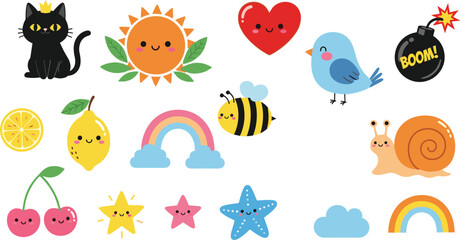Cute cartoon doodle elements set with sun rainbow bee snail bird heart and bomb colorful vector illustration collection © Kharshad Creative