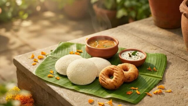 idli vada. Three fluffy steamed idlis and two golden medu vadas rest on a banana leaf beside terracotta bowls of sambar and coconut chutney, scattered marigold petals on a sunlit stone ledge