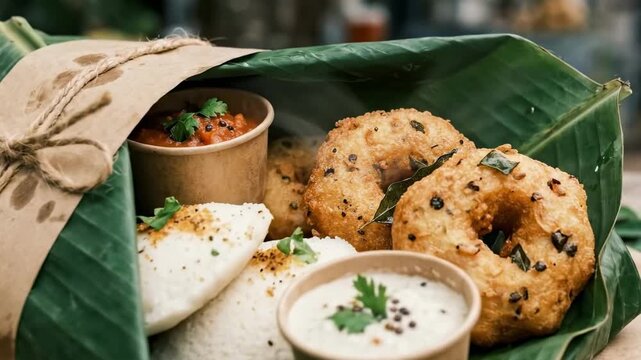 idli vada. Banana-leaf platter holding steamed idlis, crispy medu vadas, two dipping bowls of coconut chutney and sambar, a wrapped parcel tied with twine, served on rustic paper with herbs