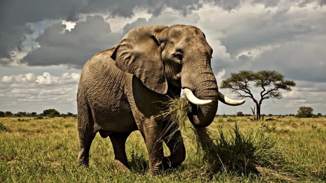 Wild African elephant walking across savanna under dramatic cloudy sky