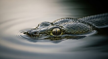 Fototapeta premium Snake gliding across calm water surface with reflective ripples. Detailed head and natural aquatic habitat. Wildlife predator in motion with dramatic close focus.