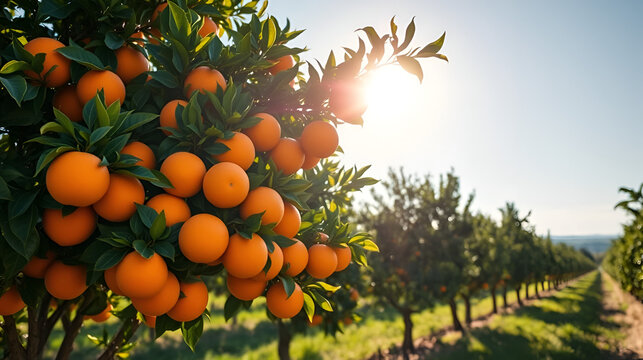 Majestic Orange Tree Laden with Sunlit Fruit in Tranquil Orchard