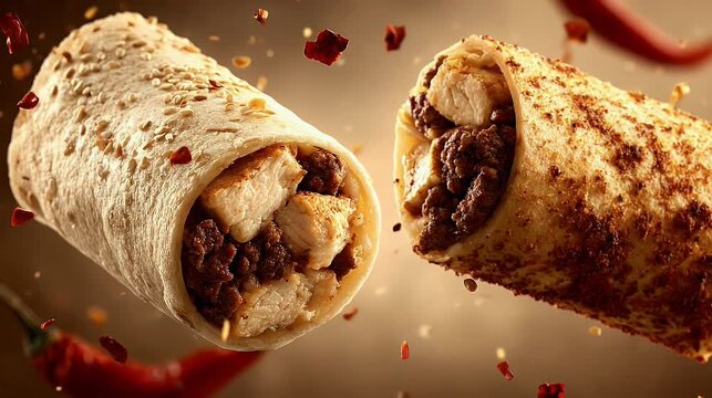 Deliciously textured burrito showcasing a flavorful filling with visible ingredients warm lighting and a captivating background with scattered chili flakes