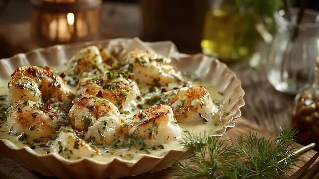 Deliciously seared scallops served in a decorative shell rich sauce with herbs and spices warm candlelit setting food photography