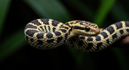 Fototapeta premium Young patterned snake resting on branch with green jungle background. Sharp scale detail and natural camouflage in tropical environment.