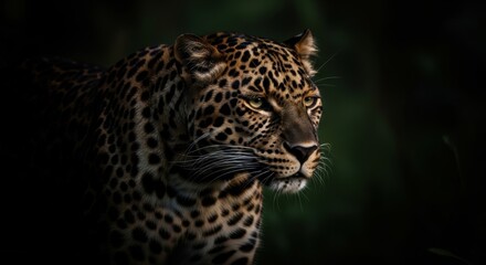 Obraz premium Moody leopard portrait emerging from shadow with intense gaze. Dramatic low light wildlife shot emphasizing spotted fur texture and stealth predator presence.