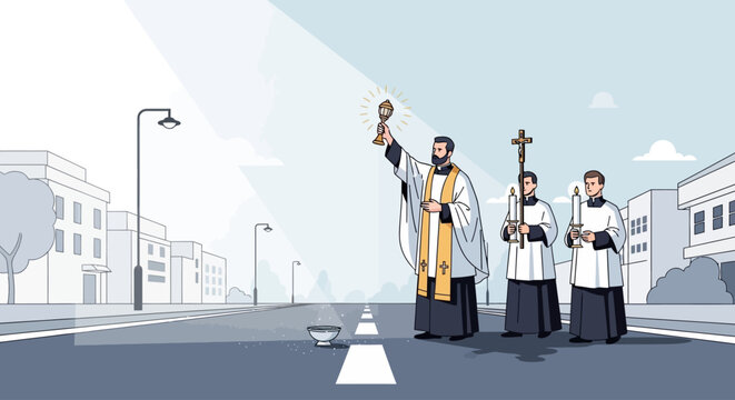 A profound flat design illustration of a priest blessing the empty processional route with holy water, signifying the sacred preparations for Semana Santa opening events. 