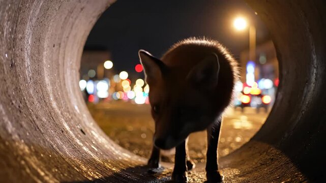 Wild fox emerges from concrete pipe onto urban street at night