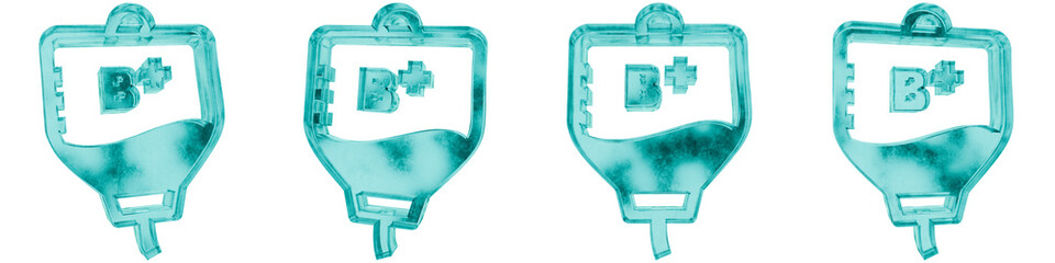 Set of four 3D blood b positive shapes in frosted blue ice glass style, isolated on a transparent background. Glassmorphism icons and 3D elements for modern graphic design. © Thanh