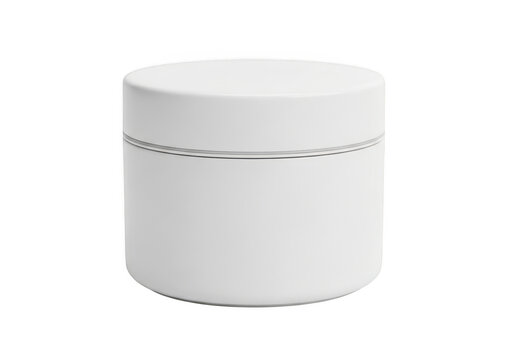 A white cylindrical container with a silver line