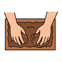 Fototapeta premium Hands Kneading Brown Clay Inside Wooden Container in Top View Illustration