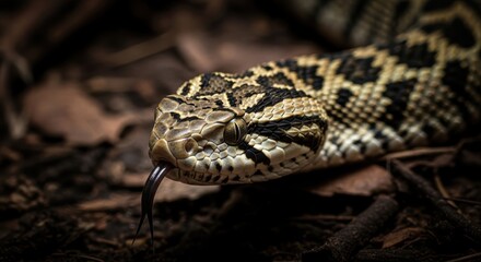 Fototapeta premium Camouflaged viper resting on forest floor with intricate scale pattern. Natural earthy tones, shallow depth of field and detailed reptile texture in wild habitat.