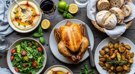 A delicious roasted chicken meal with salad, potatoes, and bread served on a wooden table with wine and fresh herbs.