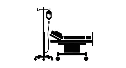 Fototapeta premium Clean silhouette graphic of a patient in a hospital bed with an intravenous drip stand, symbolizing critical medical care, health challenges, and hospitalization