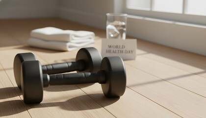 Black dumbbells on a light wooden floor with a 'World Health Day' sign, emphasizing fitness and well-being for a healthy lifestyle concept