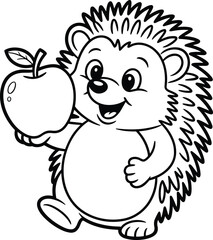 Cute Baby Hedgehog Holding a Big Apple Coloring Page for Kids Animal Vector Illustration