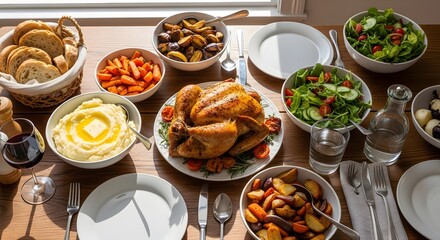 A festive dining table set with a roasted turkey, assorted dishes, and elegant tableware, captured from a top-down viewpoint, showcasing a delicious meal in a well-lit environment